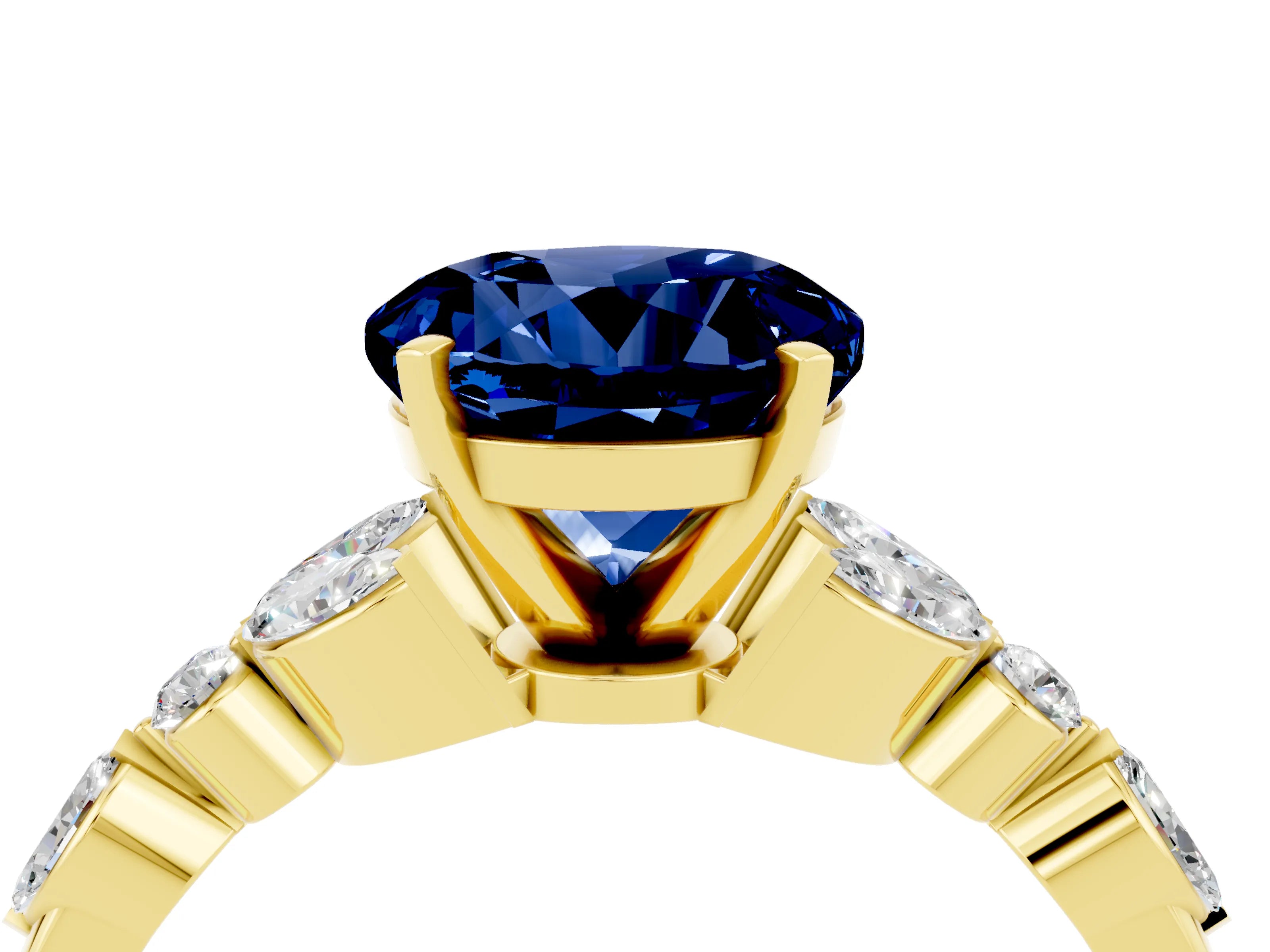 Yellow gold Round Cut Blue Sapphire Solitaire Ring with Side Stones and Four-Prong Setting_16