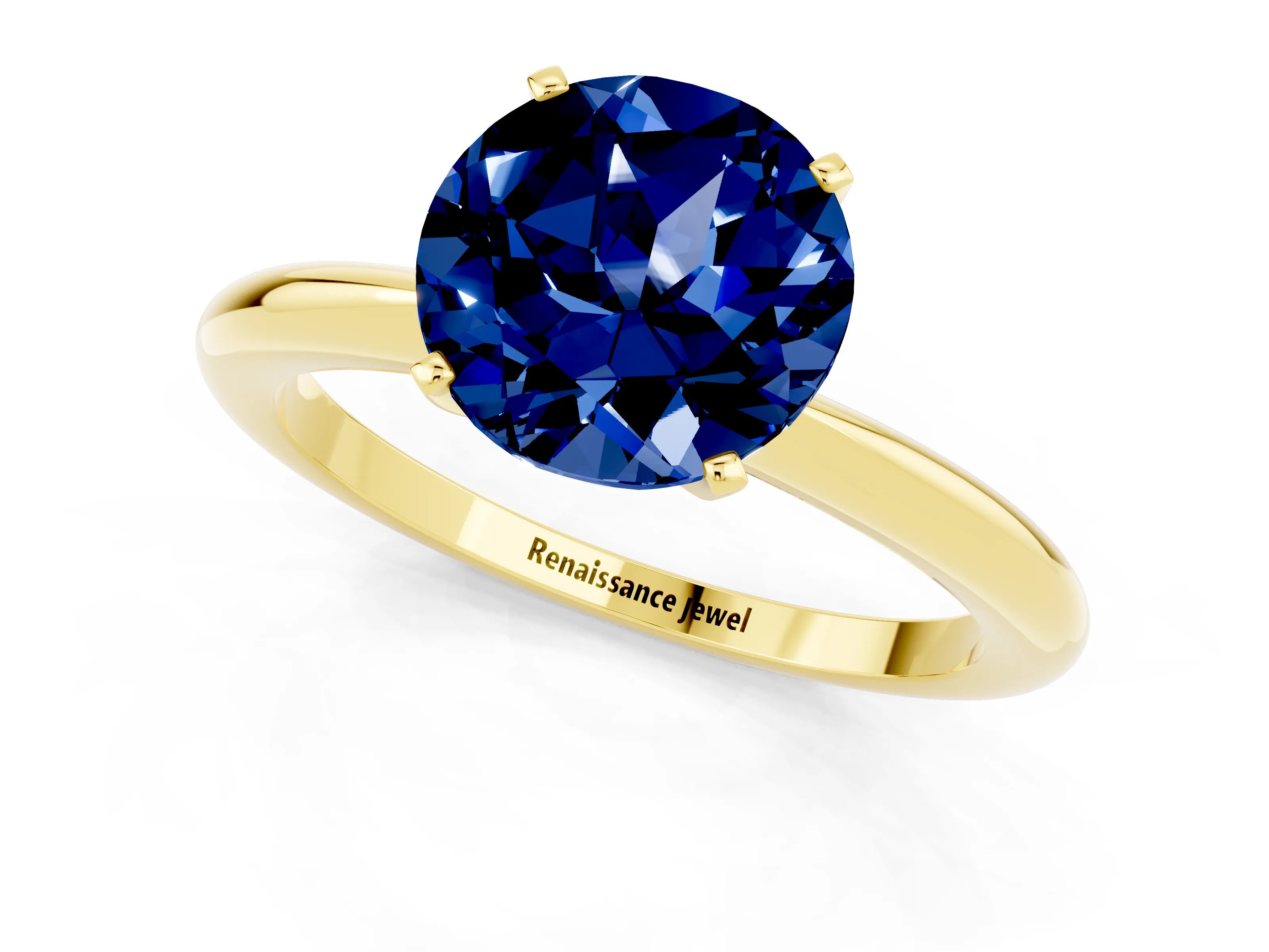 Yellow gold Round Cut Blue Sapphire Solitaire Ring with Six-Prong Setting and Classic Band_1
