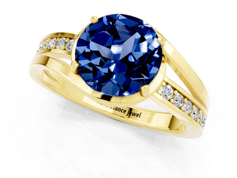Yellow gold Round Cut Blue Sapphire Solitaire Ring with Split Shank and Prong Setting_1