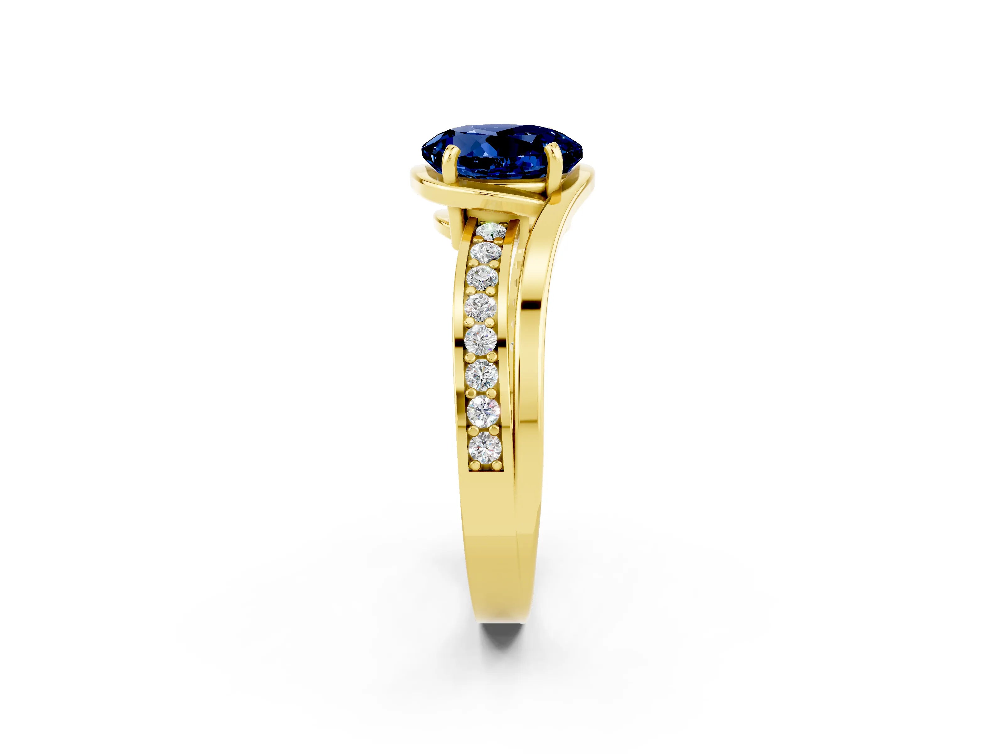 Yellow gold Round Cut Blue Sapphire Solitaire Ring with Split Shank and Prong Setting_2
