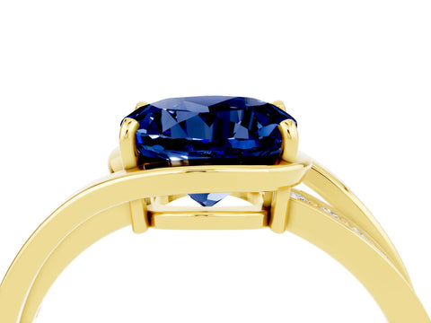 Yellow gold Round Cut Blue Sapphire Solitaire Ring with Split Shank and Prong Setting_4