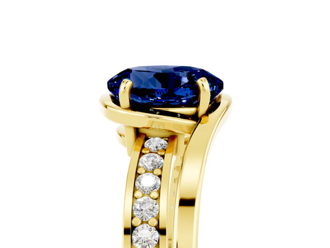 Yellow gold Round Cut Blue Sapphire Solitaire Ring with Split Shank and Prong Setting_5