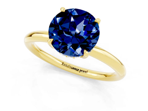 Yellow gold Round Cut Blue Sapphire Solitaire Ring with Thin Band and Four-Prong Setting_13