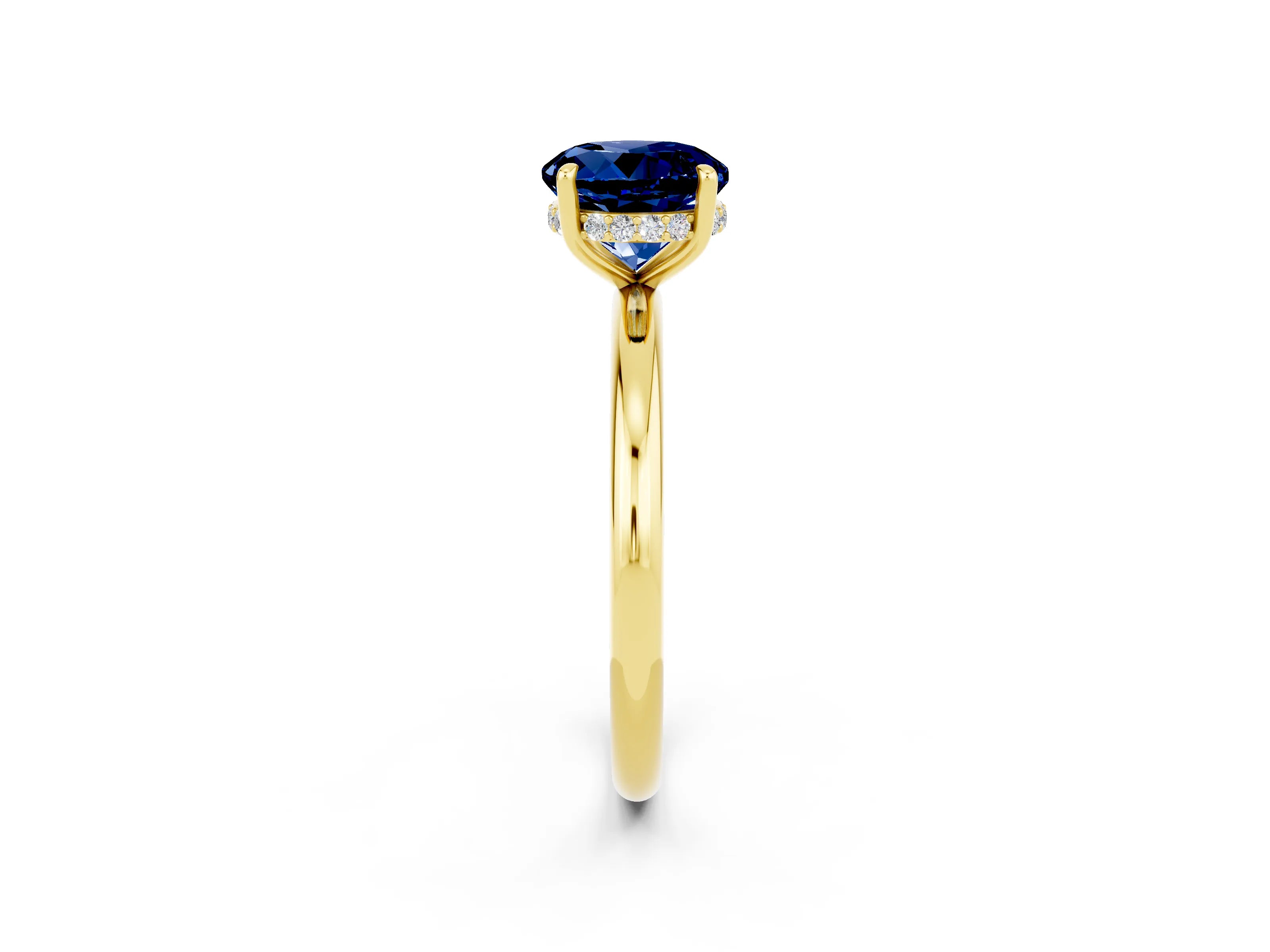 Yellow gold Round Cut Blue Sapphire Solitaire Ring with Thin Band and Four-Prong Setting_14