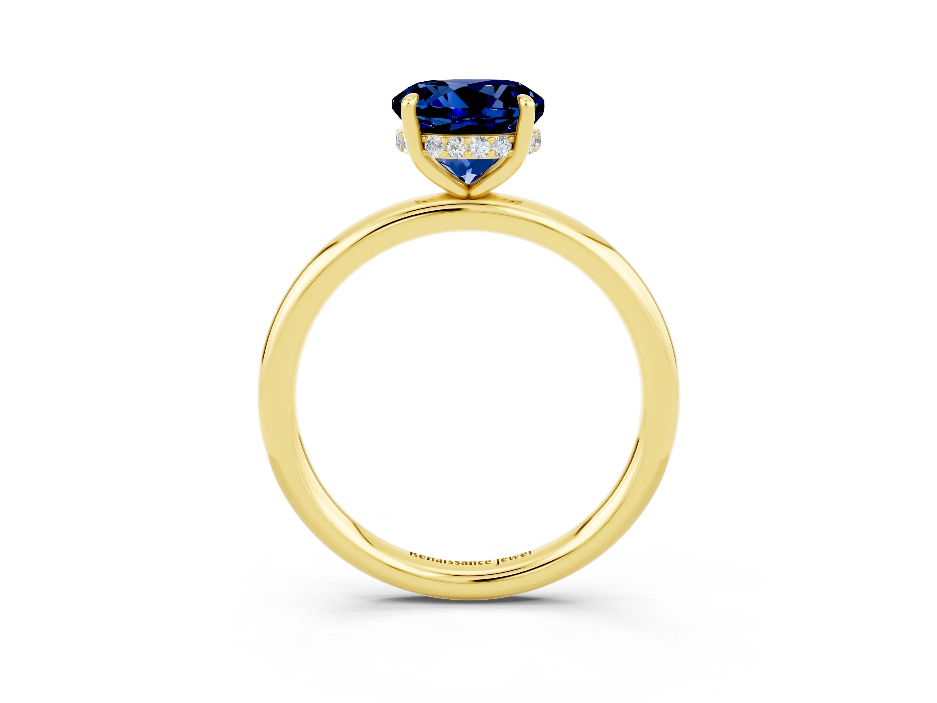 Yellow gold Round Cut Blue Sapphire Solitaire Ring with Thin Band and Four-Prong Setting_15