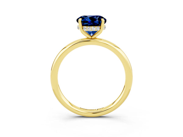Yellow gold Round Cut Blue Sapphire Solitaire Ring with Thin Band and Four-Prong Setting