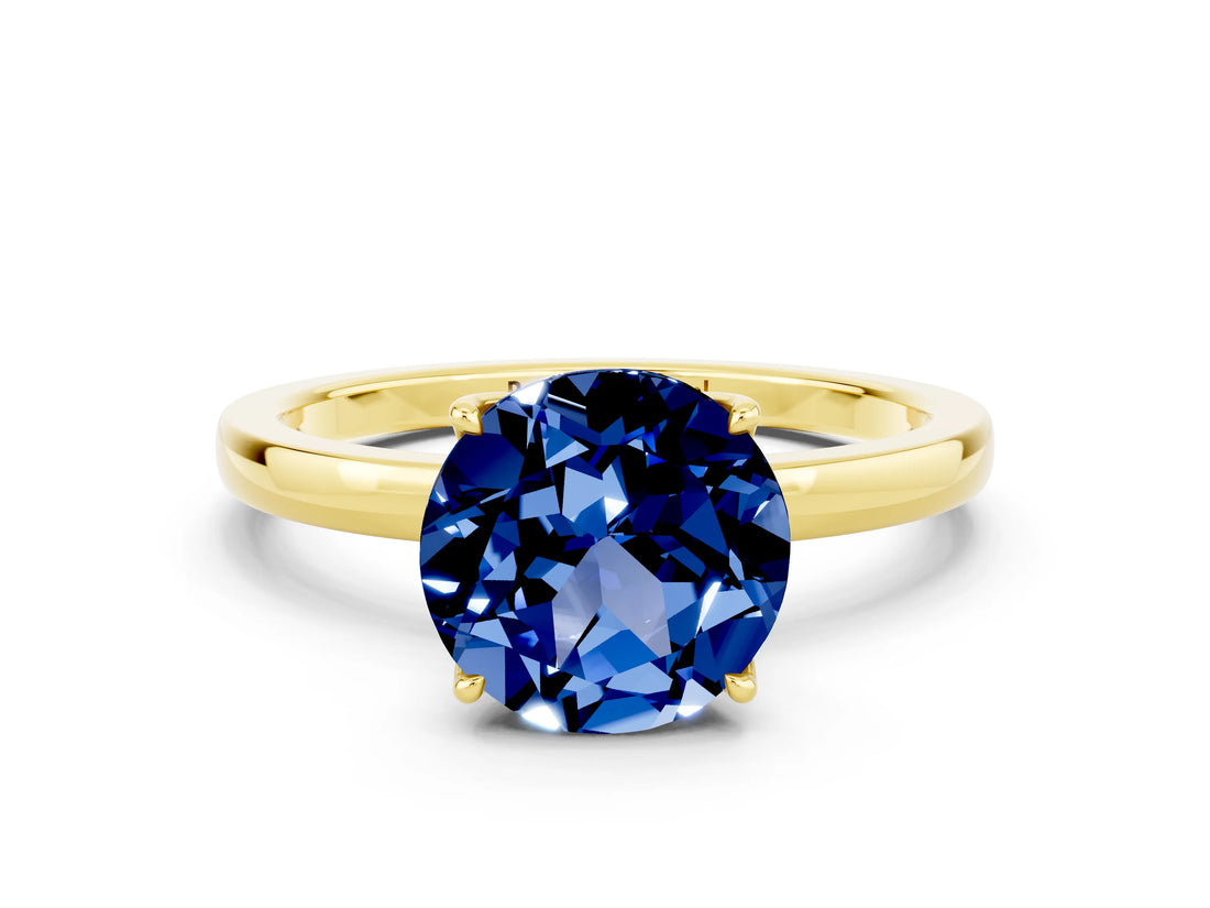 Yellow gold Round Cut Blue Sapphire Solitaire Ring with Thin Band and Prong Setting_12