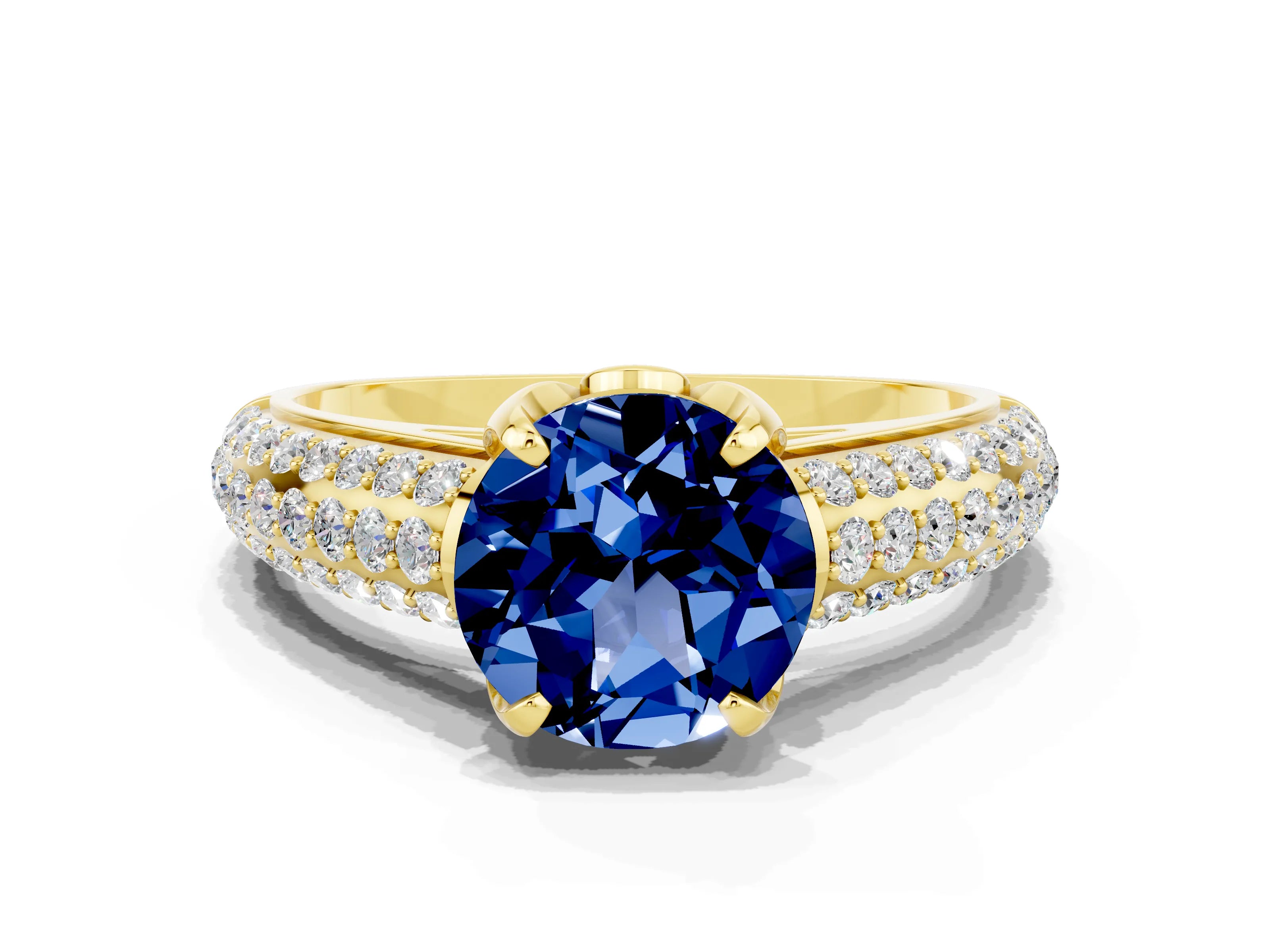 Yellow gold Round Cut Blue Sapphire Solitaire Ring with Three-Row Pavé Band and Four-Prong Setting_12