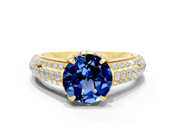 Yellow gold Round Cut Blue Sapphire Solitaire Ring with Three-Row Pavé Band and Four-Prong Setting