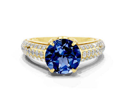 Yellow gold Round Cut Blue Sapphire Solitaire Ring with Three-Row Pavé Band and Four-Prong Setting_12