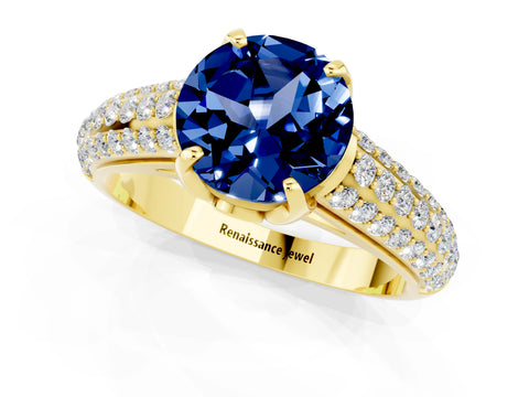 Yellow gold Round Cut Blue Sapphire Solitaire Ring with Three-Row Pavé Band and Four-Prong Setting_13