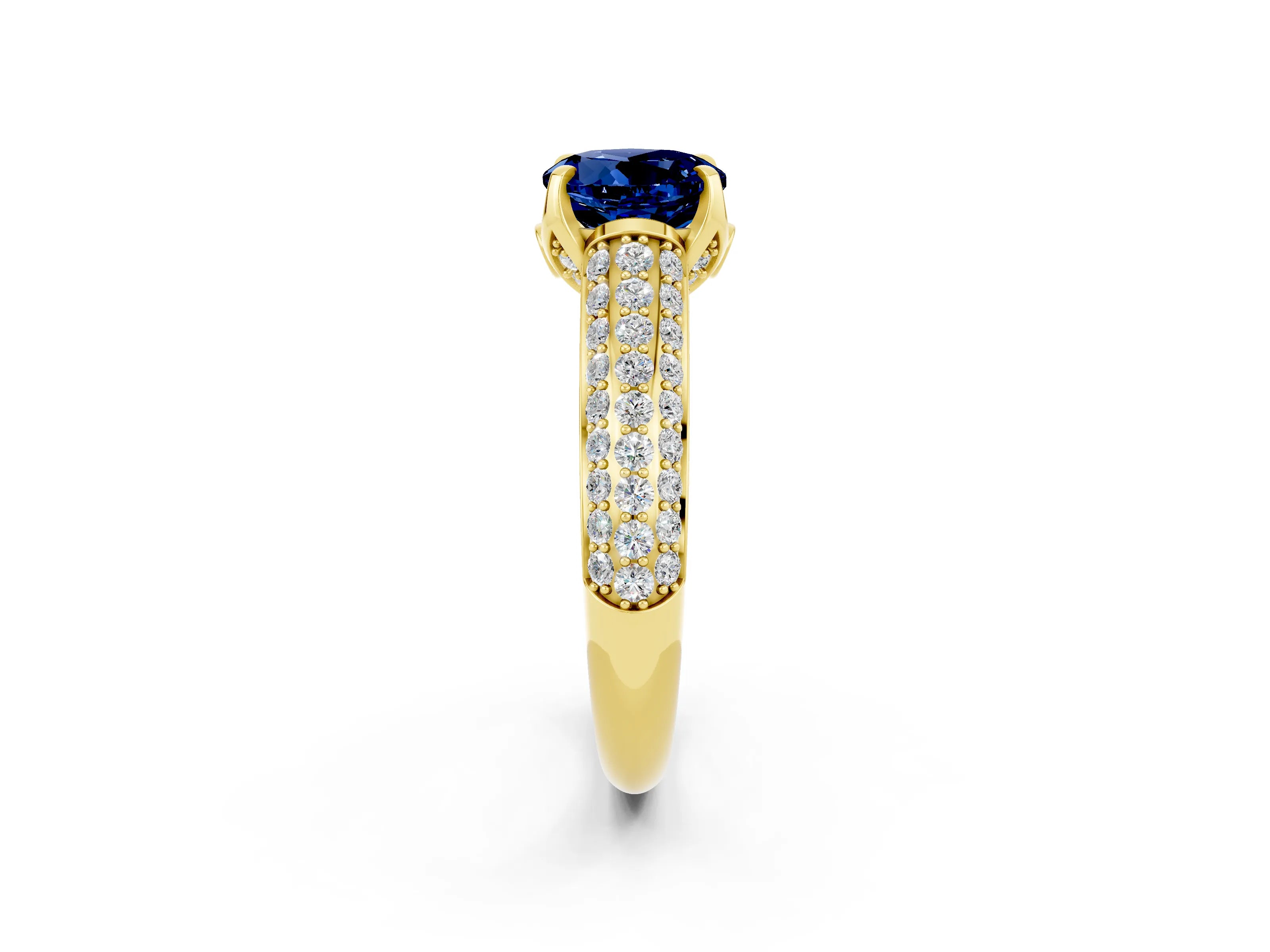 Yellow gold Round Cut Blue Sapphire Solitaire Ring with Three-Row Pavé Band and Four-Prong Setting_14