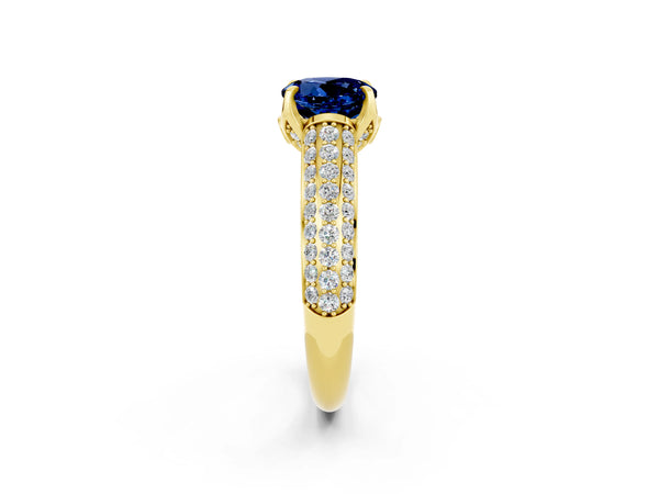 Yellow gold Round Cut Blue Sapphire Solitaire Ring with Three-Row Pavé Band and Four-Prong Setting