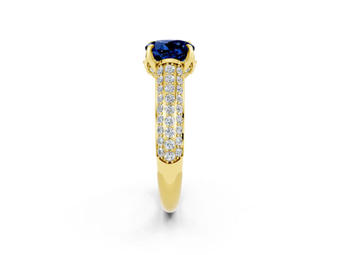 Yellow gold Round Cut Blue Sapphire Solitaire Ring with Three-Row Pavé Band and Four-Prong Setting_14