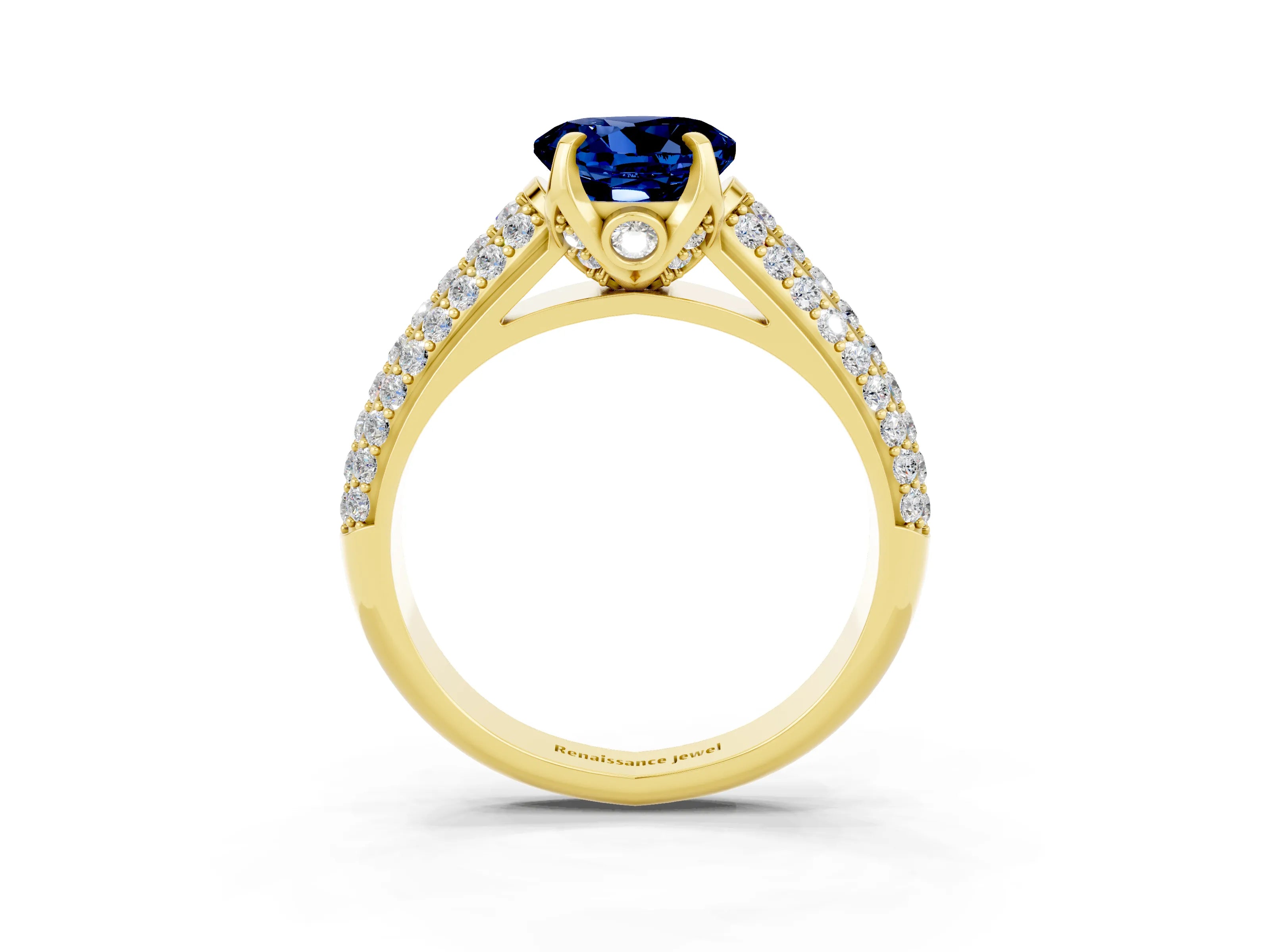Yellow gold Round Cut Blue Sapphire Solitaire Ring with Three-Row Pavé Band and Four-Prong Setting_15