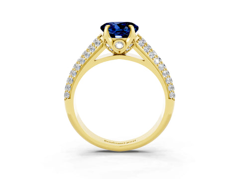 Yellow gold Round Cut Blue Sapphire Solitaire Ring with Three-Row Pavé Band and Four-Prong Setting_15
