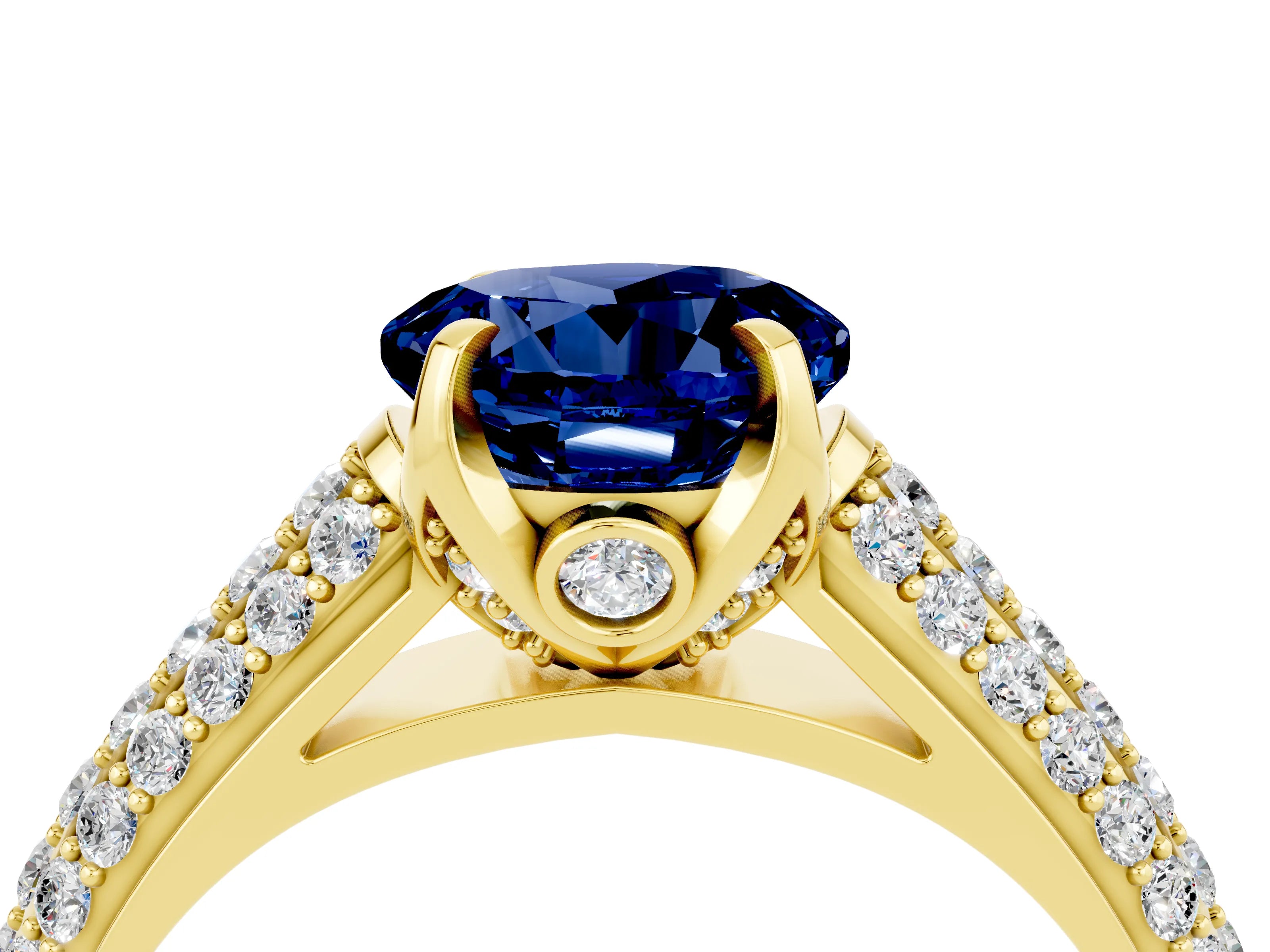 Yellow gold Round Cut Blue Sapphire Solitaire Ring with Three-Row Pavé Band and Four-Prong Setting_16