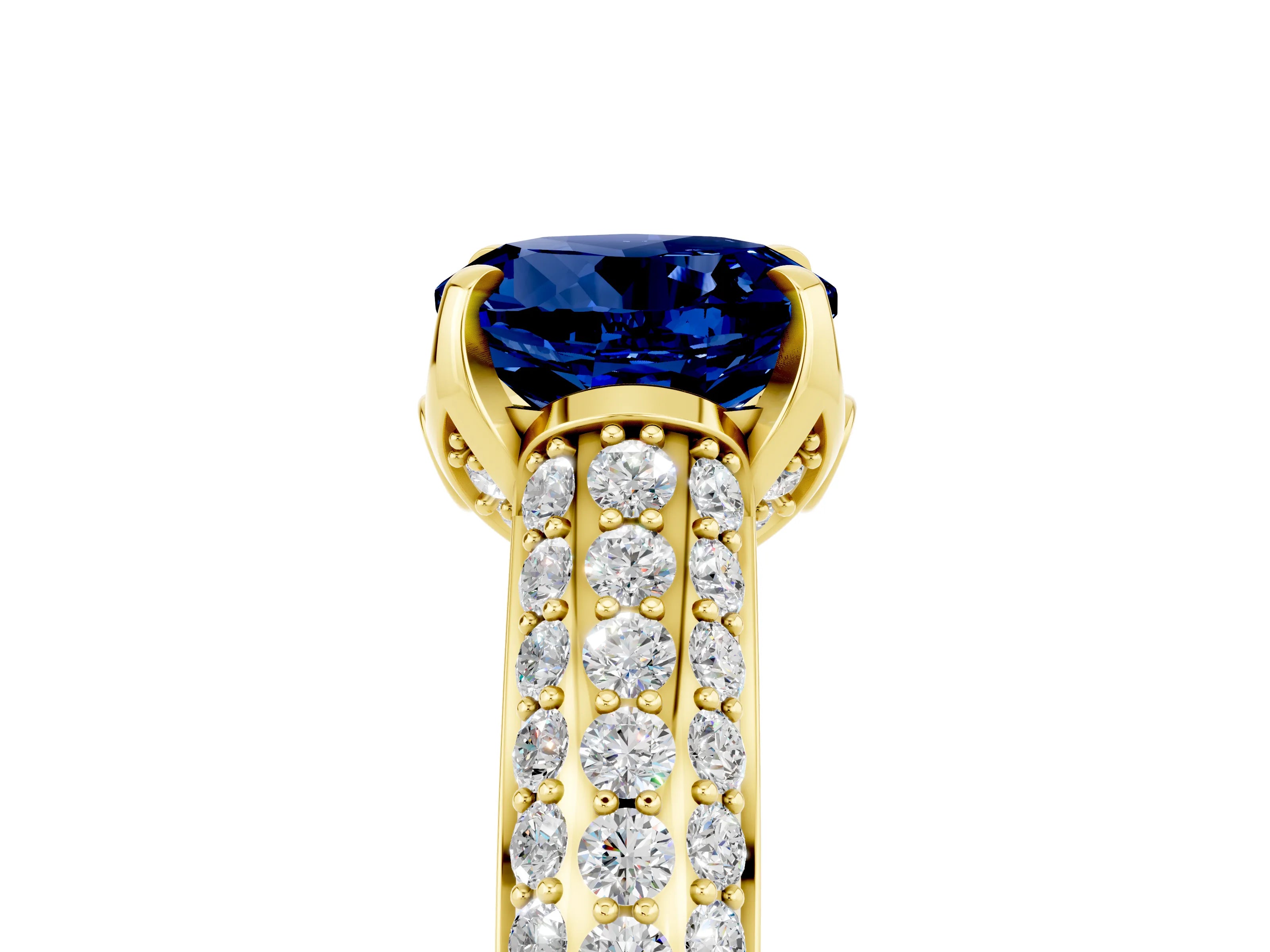Yellow gold Round Cut Blue Sapphire Solitaire Ring with Three-Row Pavé Band and Four-Prong Setting_17