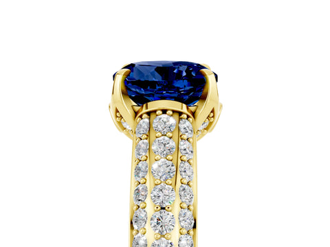 Yellow gold Round Cut Blue Sapphire Solitaire Ring with Three-Row Pavé Band and Four-Prong Setting_17
