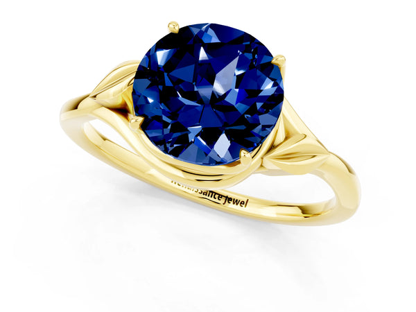 Yellow gold Round Cut Blue Sapphire Solitaire Ring with Twist Band and Four-Prong Setting