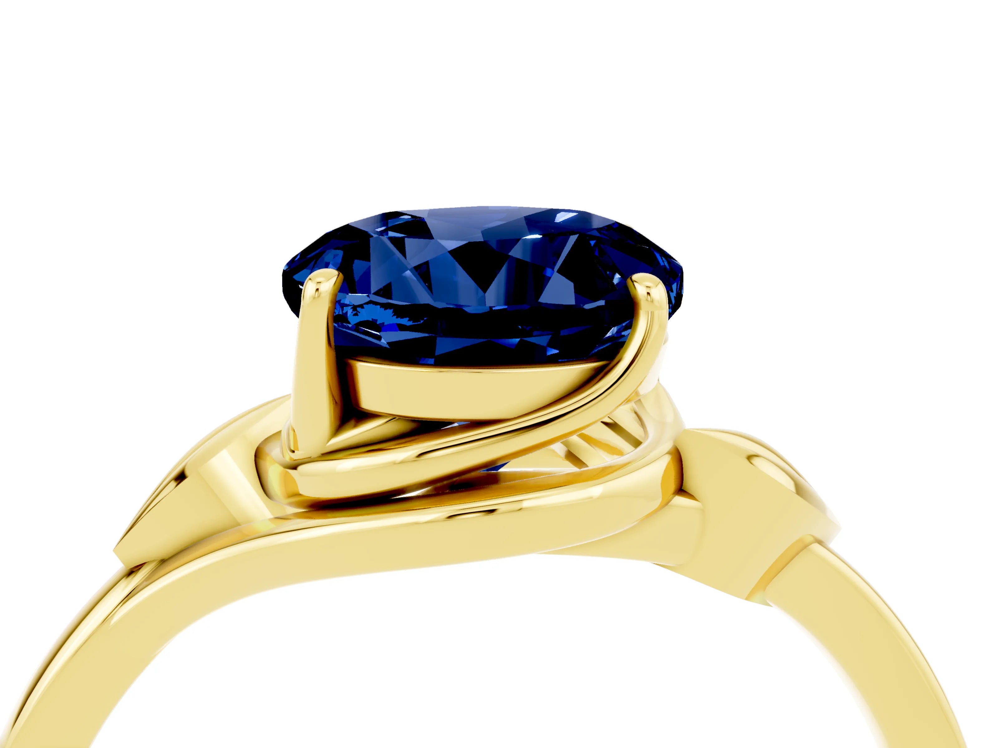 Yellow gold Round Cut Blue Sapphire Solitaire Ring with Twist Band and Four-Prong Setting_28