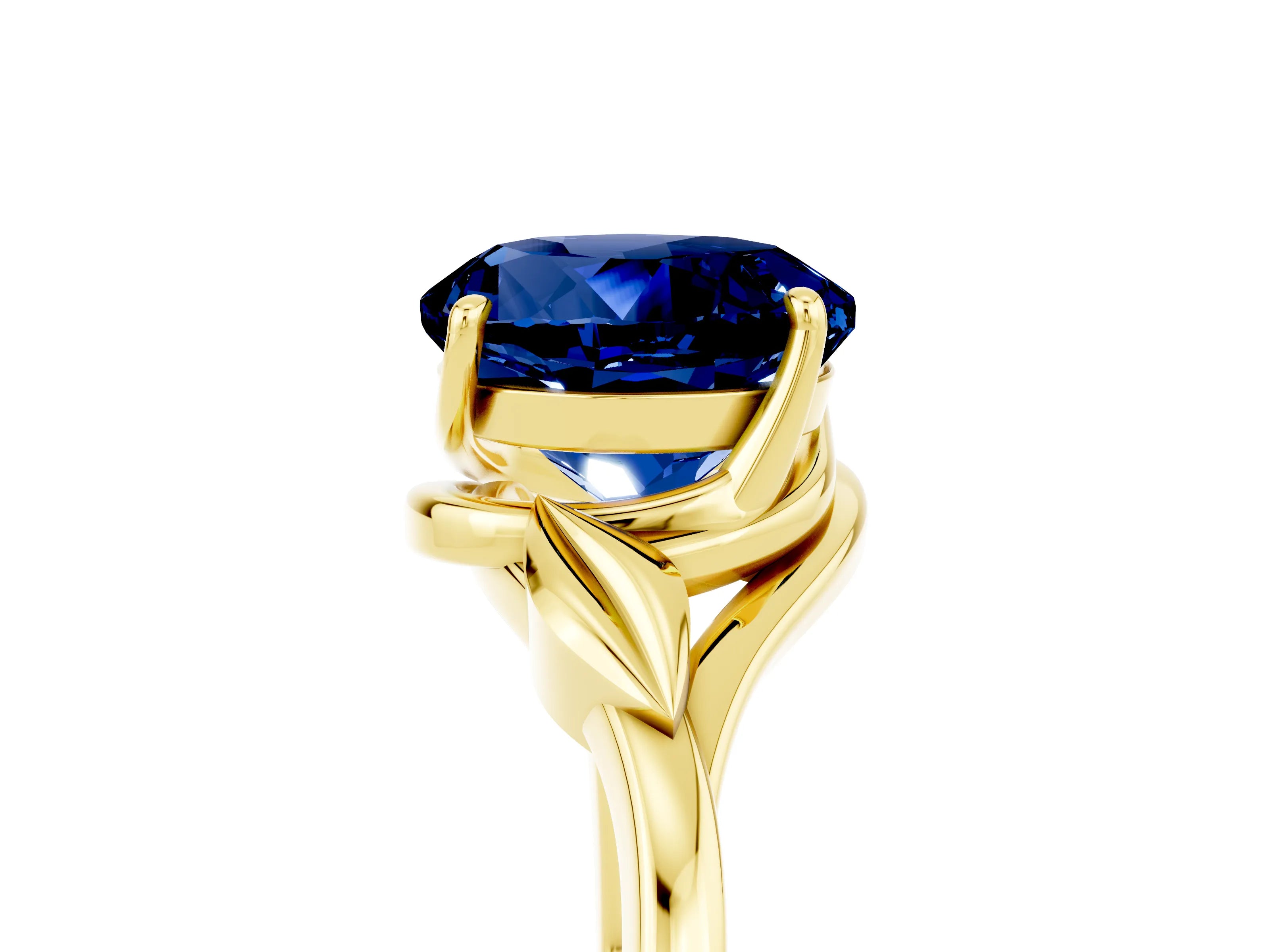 Yellow gold Round Cut Blue Sapphire Solitaire Ring with Twist Band and Four-Prong Setting_29