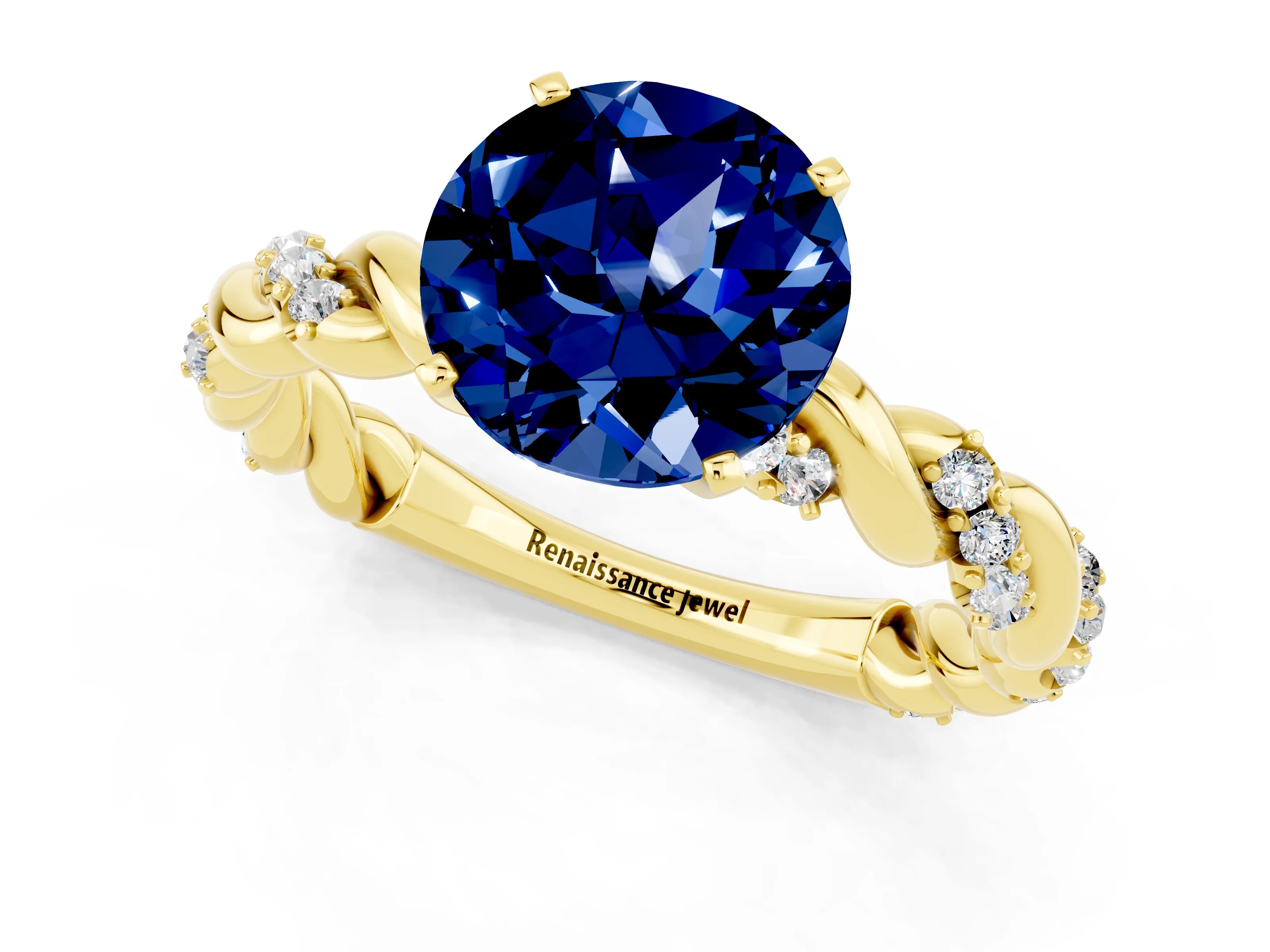 Yellow gold Round Cut Blue Sapphire Solitaire Ring with Twisted Band and Pavé Accents_1