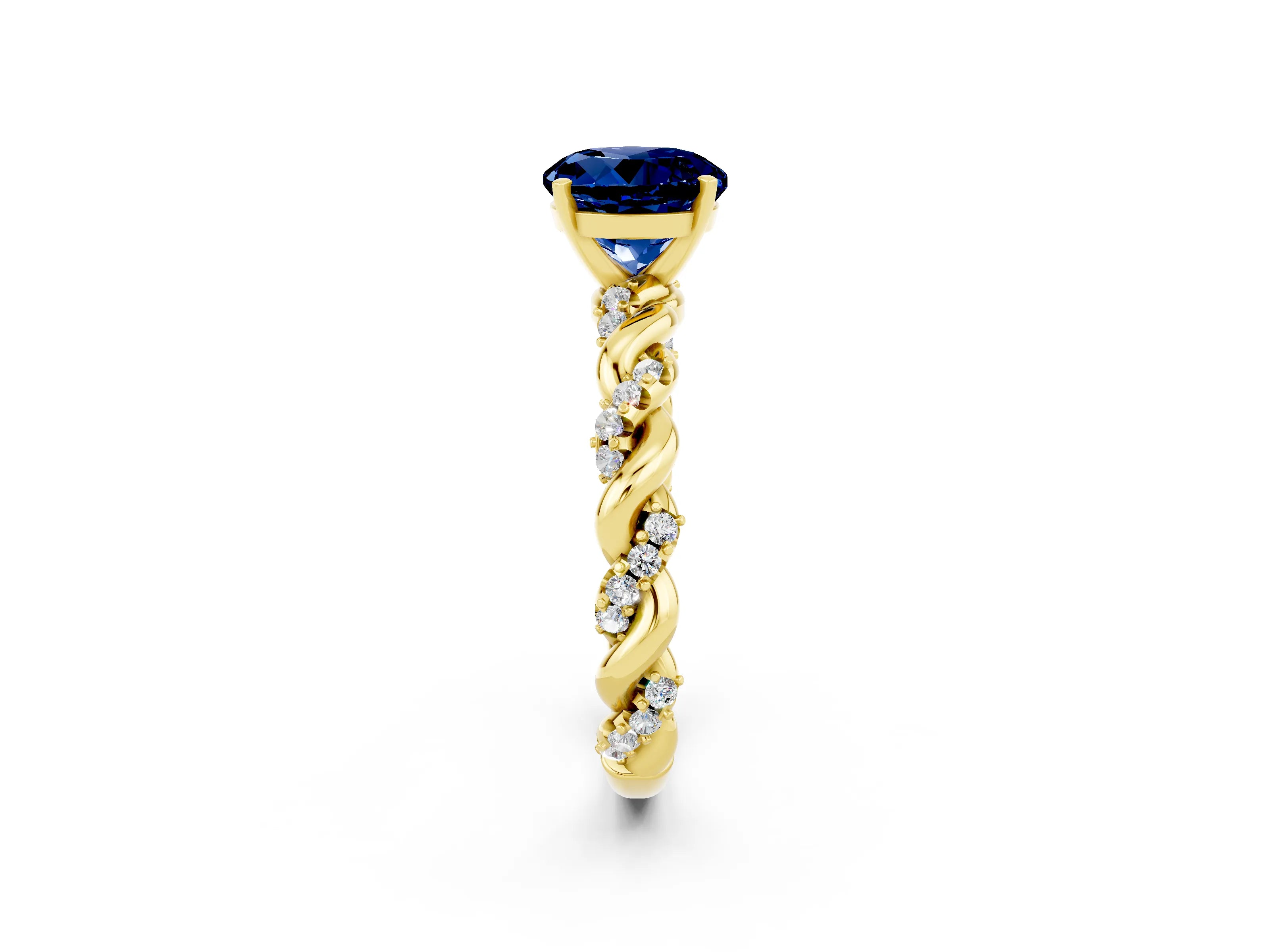 Yellow gold Round Cut Blue Sapphire Solitaire Ring with Twisted Band and Pavé Accents_2