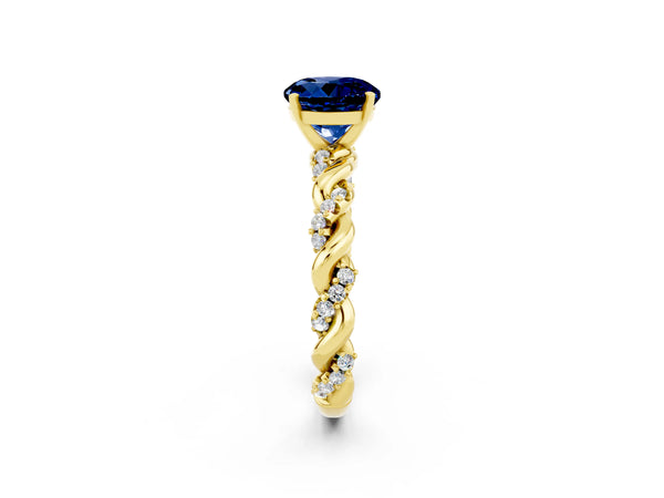 Yellow gold Round Cut Blue Sapphire Solitaire Ring with Twisted Band and Pavé Accents
