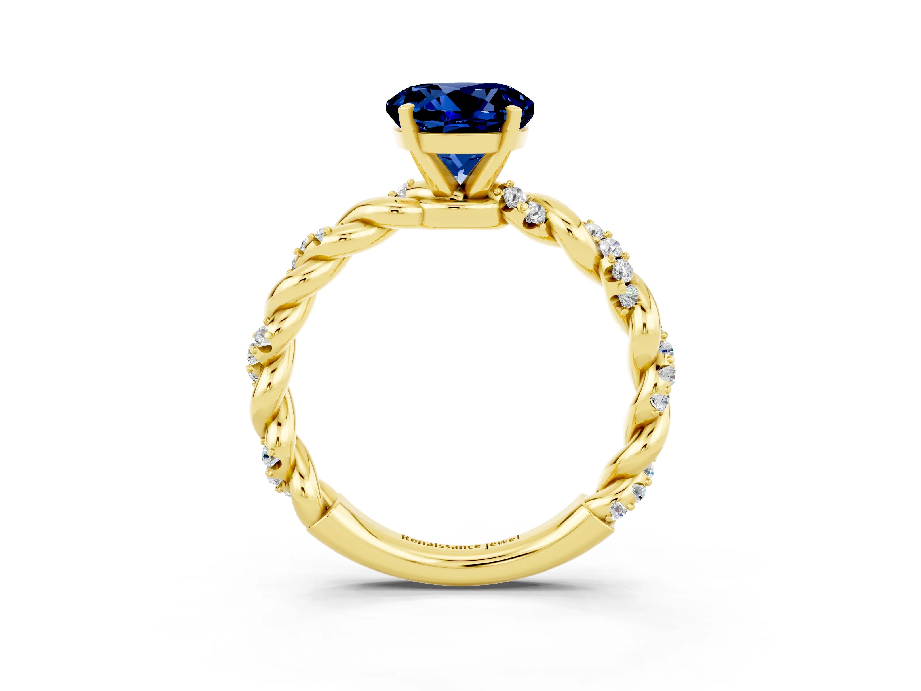 Yellow gold Round Cut Blue Sapphire Solitaire Ring with Twisted Band and Pavé Accents_3
