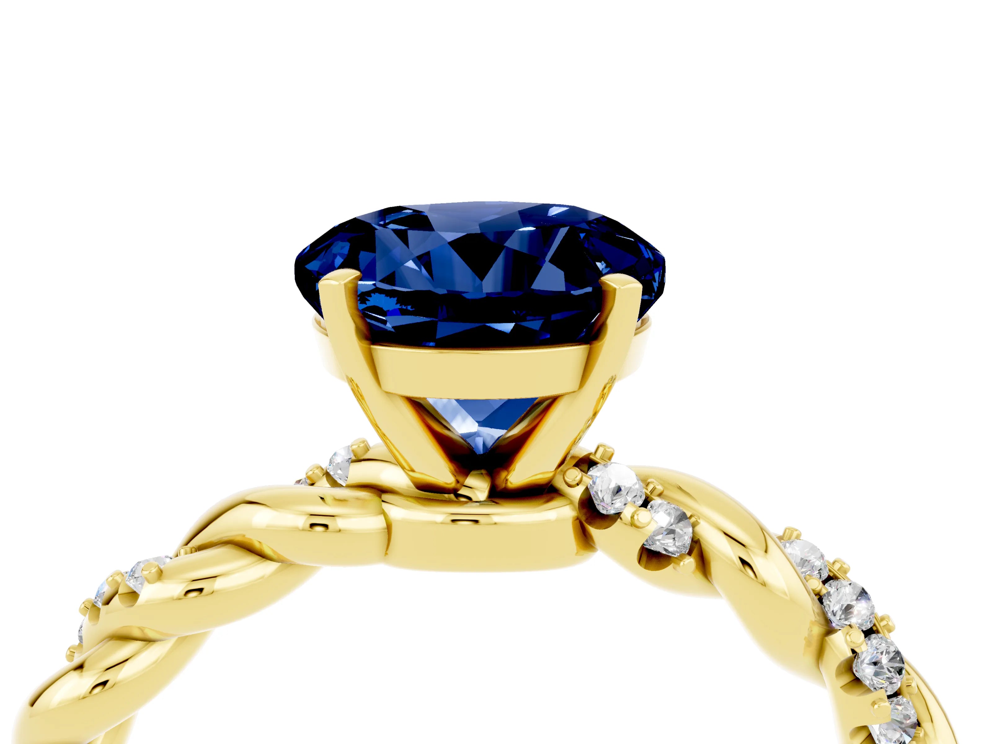 Yellow gold Round Cut Blue Sapphire Solitaire Ring with Twisted Band and Pavé Accents_4