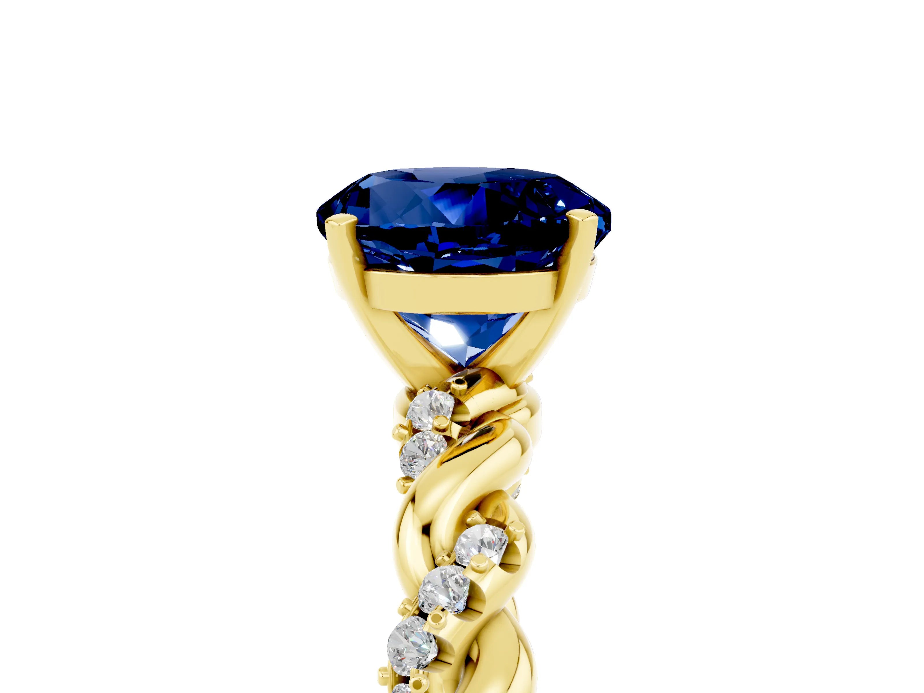 Yellow gold Round Cut Blue Sapphire Solitaire Ring with Twisted Band and Pavé Accents_5