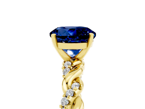 Yellow gold Round Cut Blue Sapphire Solitaire Ring with Twisted Band and Pavé Accents_5