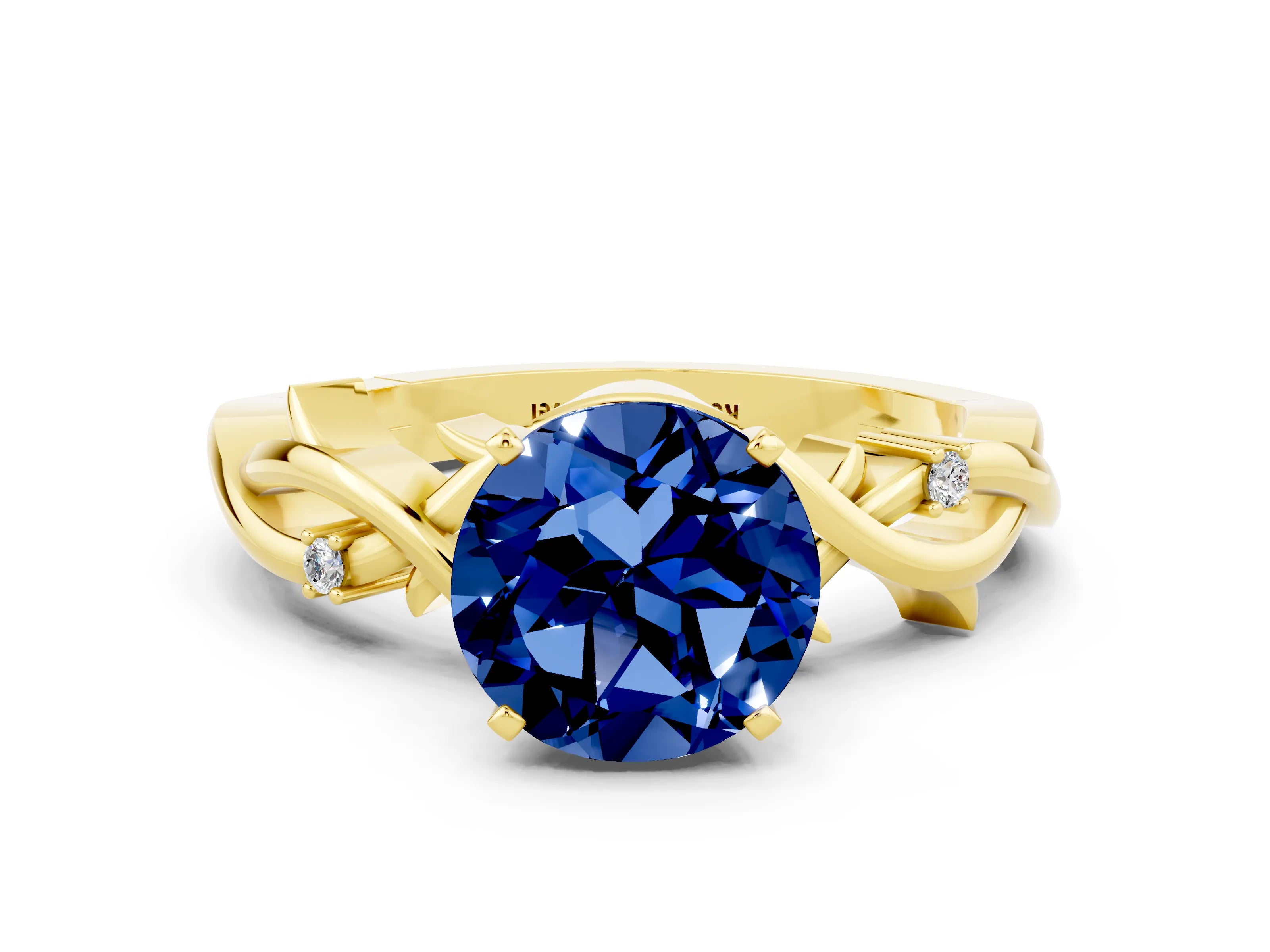 Yellow gold Round Cut Blue Sapphire Solitaire Ring with Twisted Band and Prong Setting