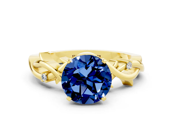 Yellow gold Round Cut Blue Sapphire Solitaire Ring with Twisted Band and Prong Setting