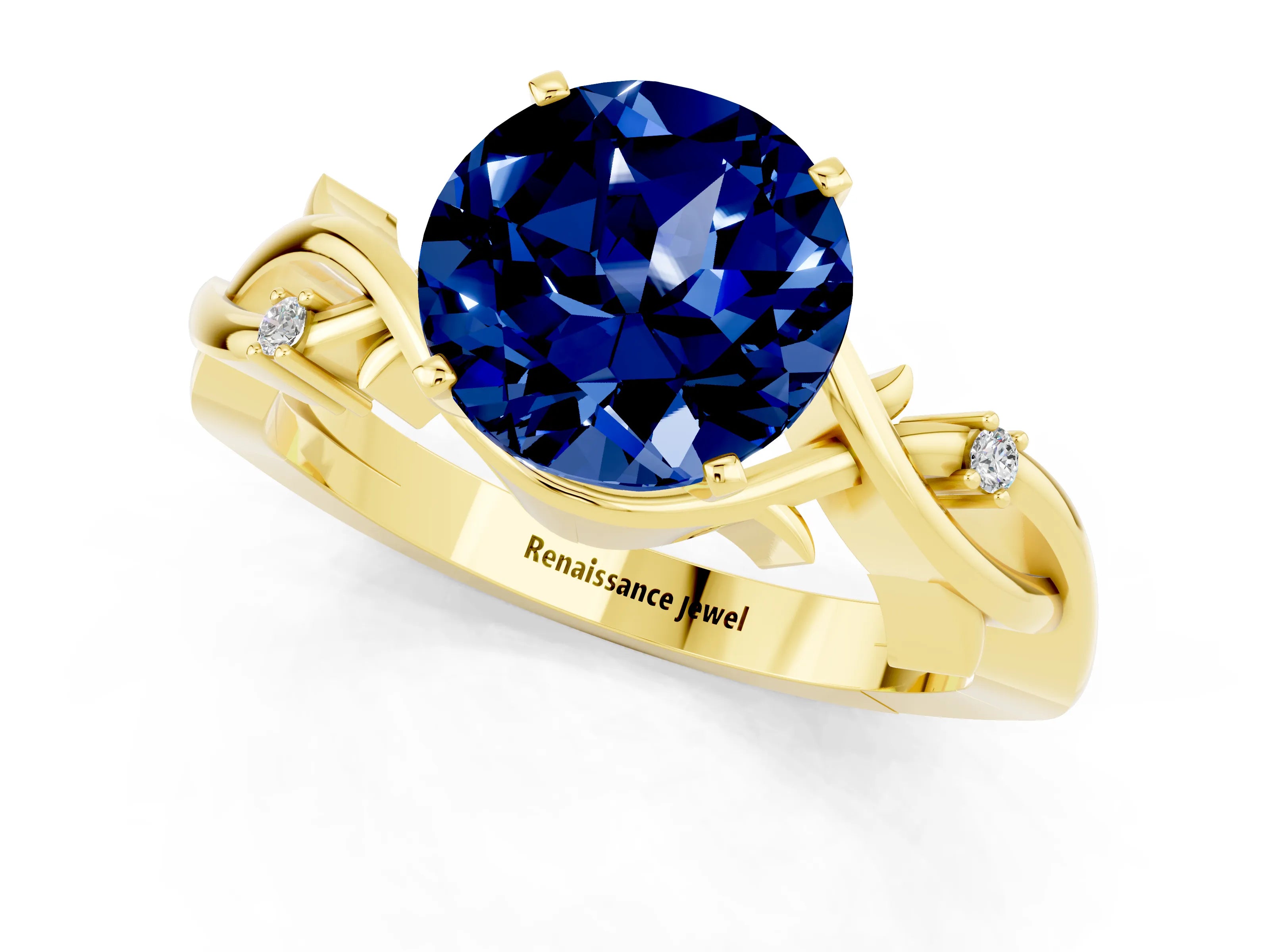 Yellow gold Round Cut Blue Sapphire Solitaire Ring with Twisted Band and Prong Setting_1