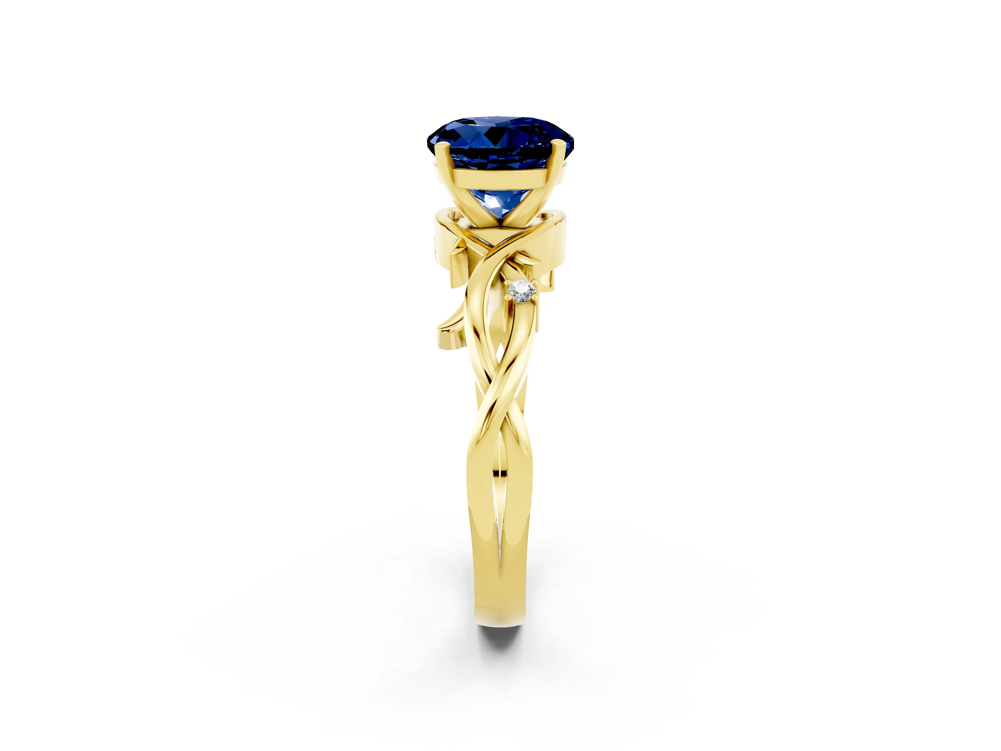 Yellow gold Round Cut Blue Sapphire Solitaire Ring with Twisted Band and Prong Setting_2