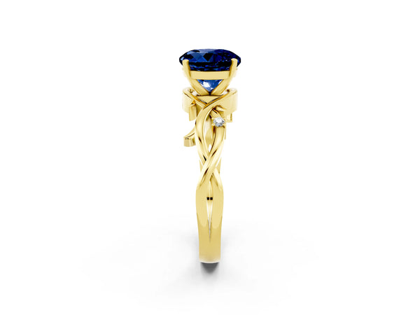 Yellow gold Round Cut Blue Sapphire Solitaire Ring with Twisted Band and Prong Setting