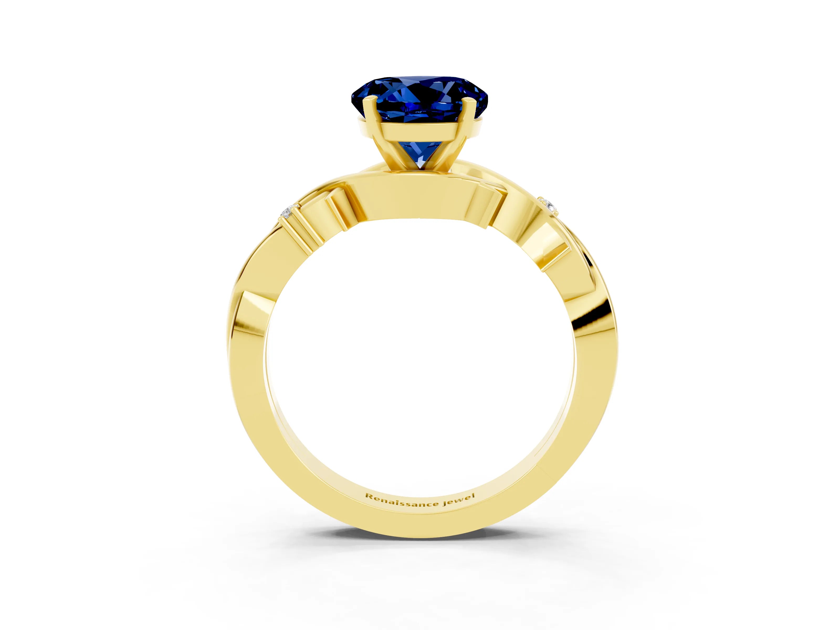 Yellow gold Round Cut Blue Sapphire Solitaire Ring with Twisted Band and Prong Setting_3
