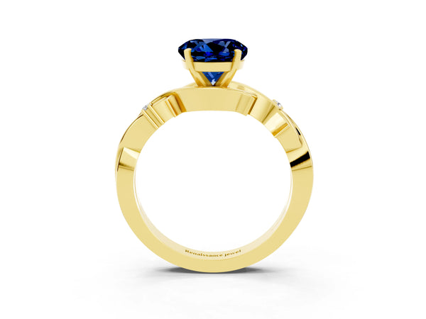 Yellow gold Round Cut Blue Sapphire Solitaire Ring with Twisted Band and Prong Setting