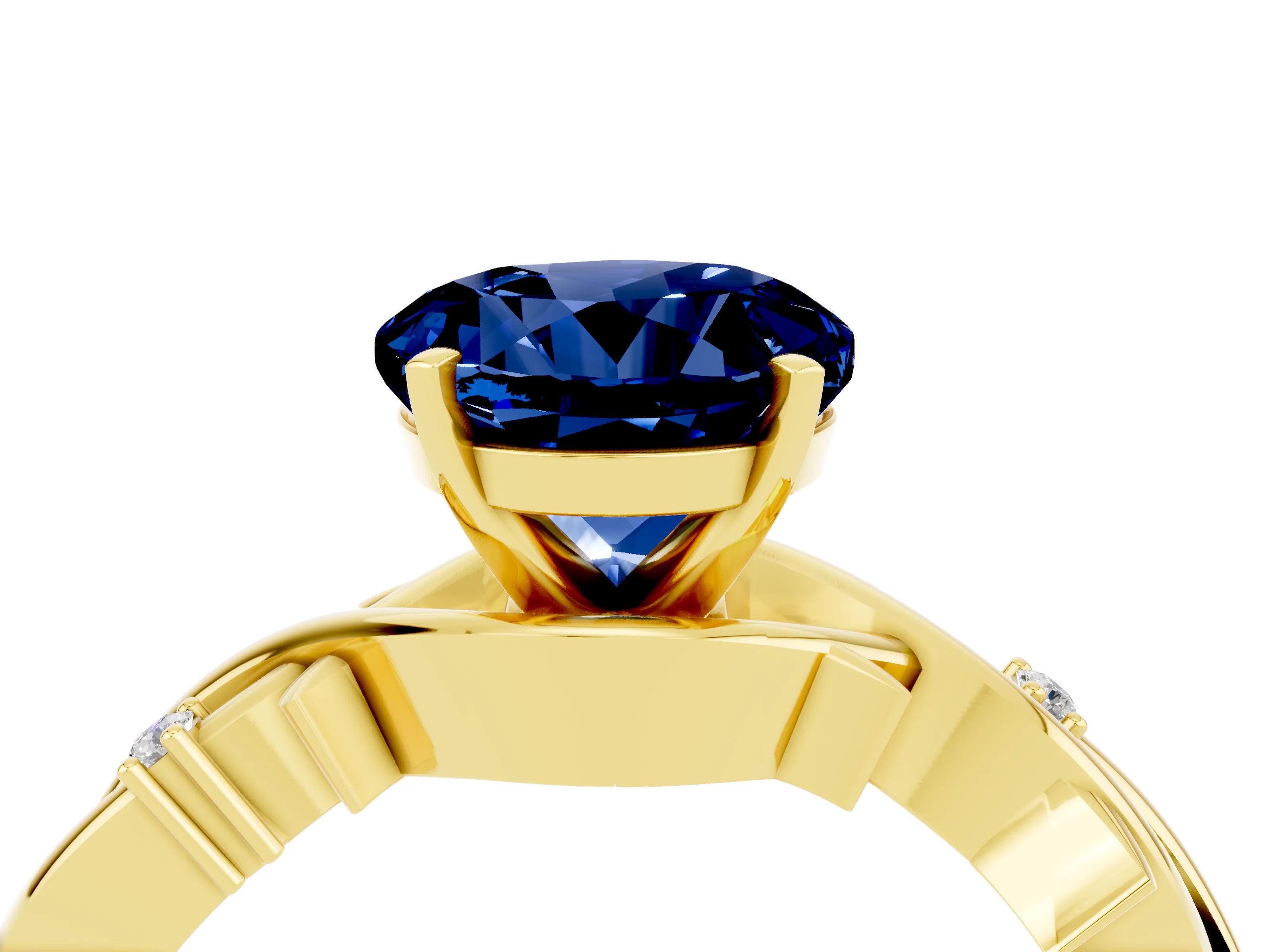 Yellow gold Round Cut Blue Sapphire Solitaire Ring with Twisted Band and Prong Setting_4