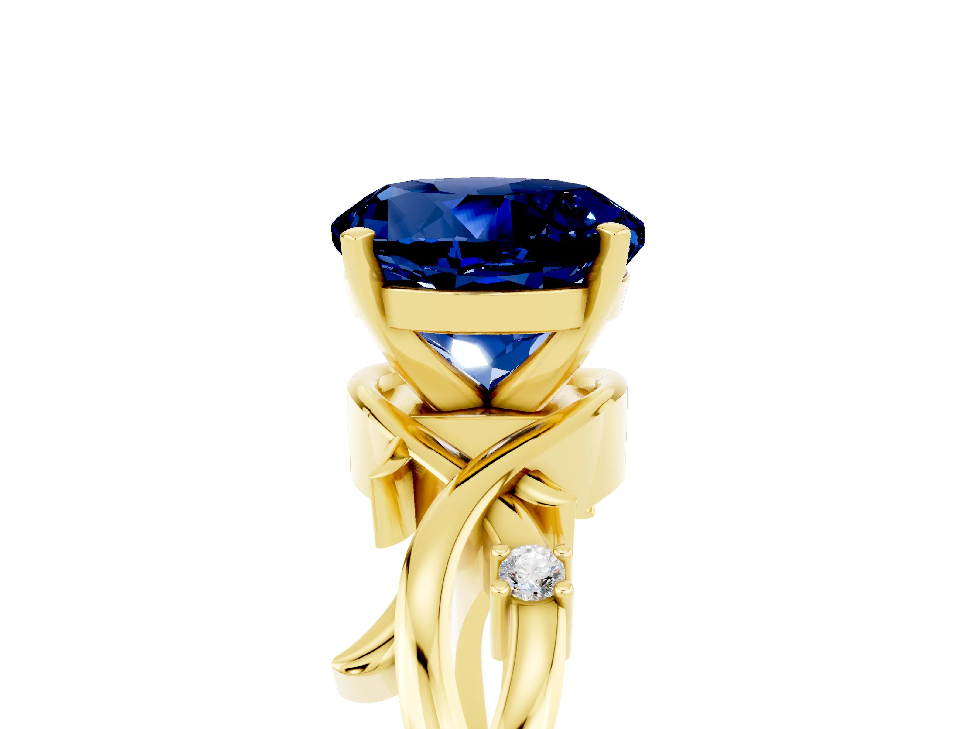 Yellow gold Round Cut Blue Sapphire Solitaire Ring with Twisted Band and Prong Setting_5