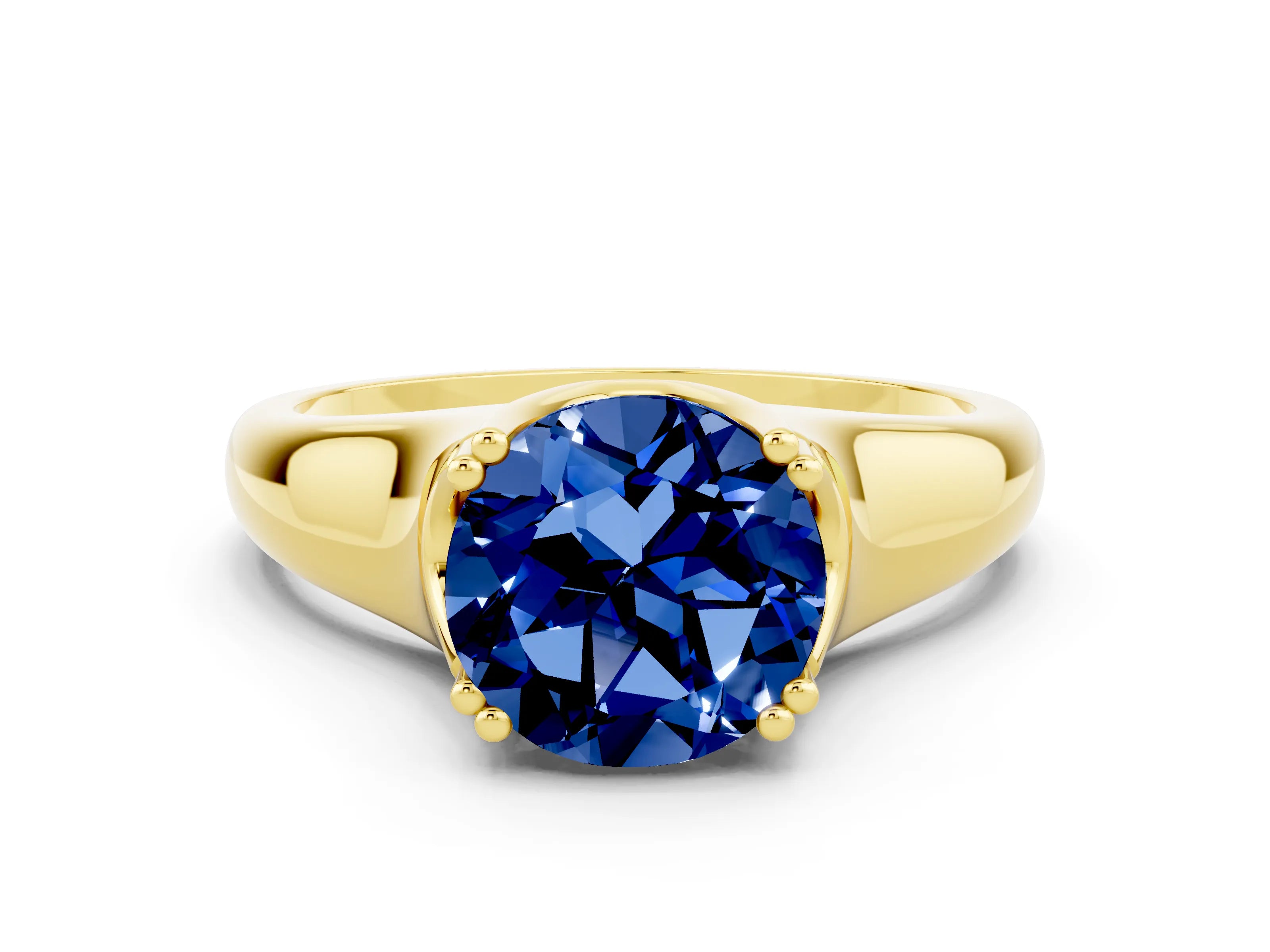 Yellow gold Round Cut Blue Sapphire Solitaire Ring with Wide Band and Prong Setting