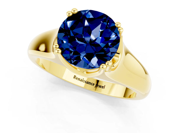 Yellow gold Round Cut Blue Sapphire Solitaire Ring with Wide Band and Prong Setting