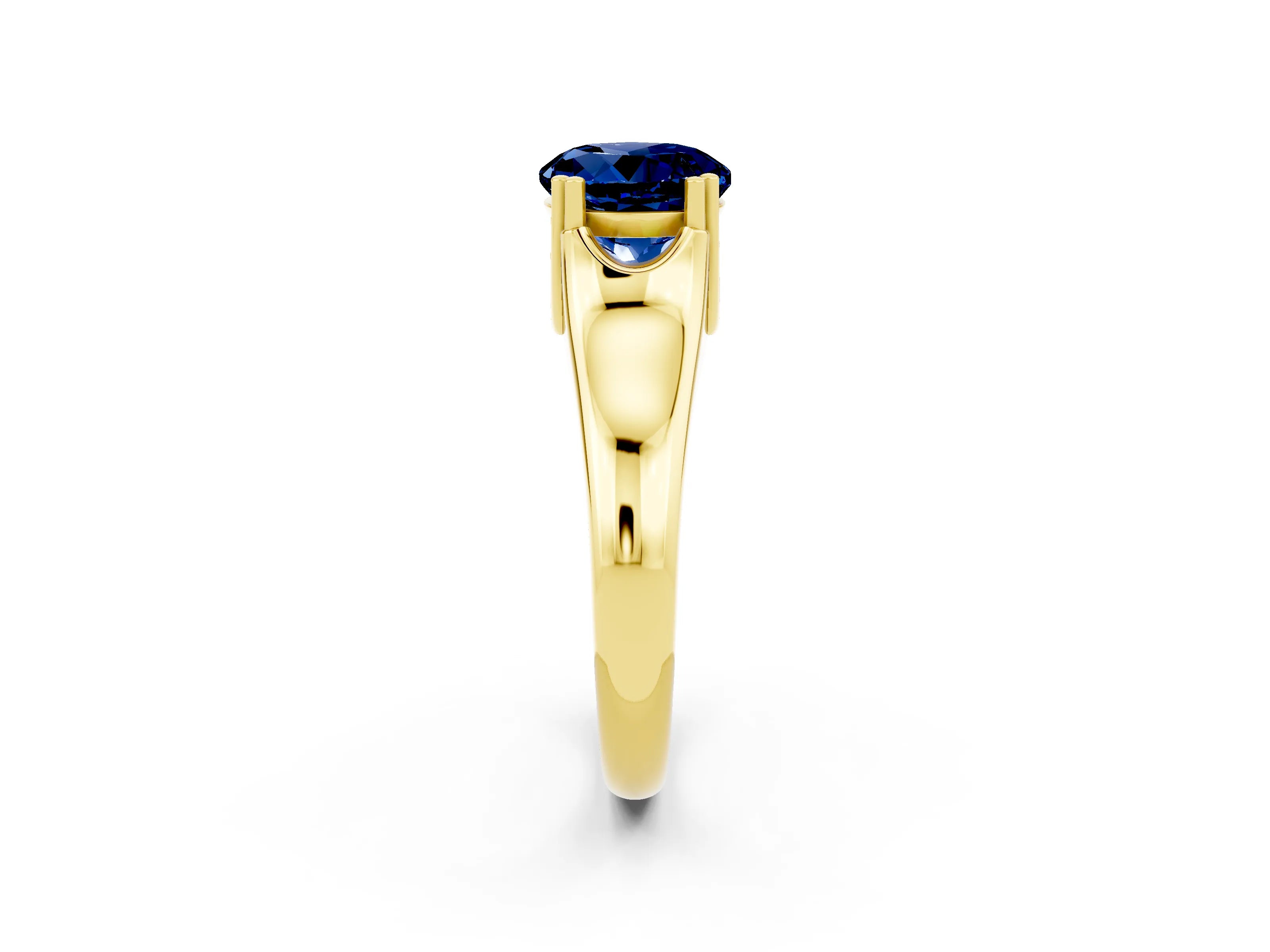Yellow gold Round Cut Blue Sapphire Solitaire Ring with Wide Band and Prong Setting_2