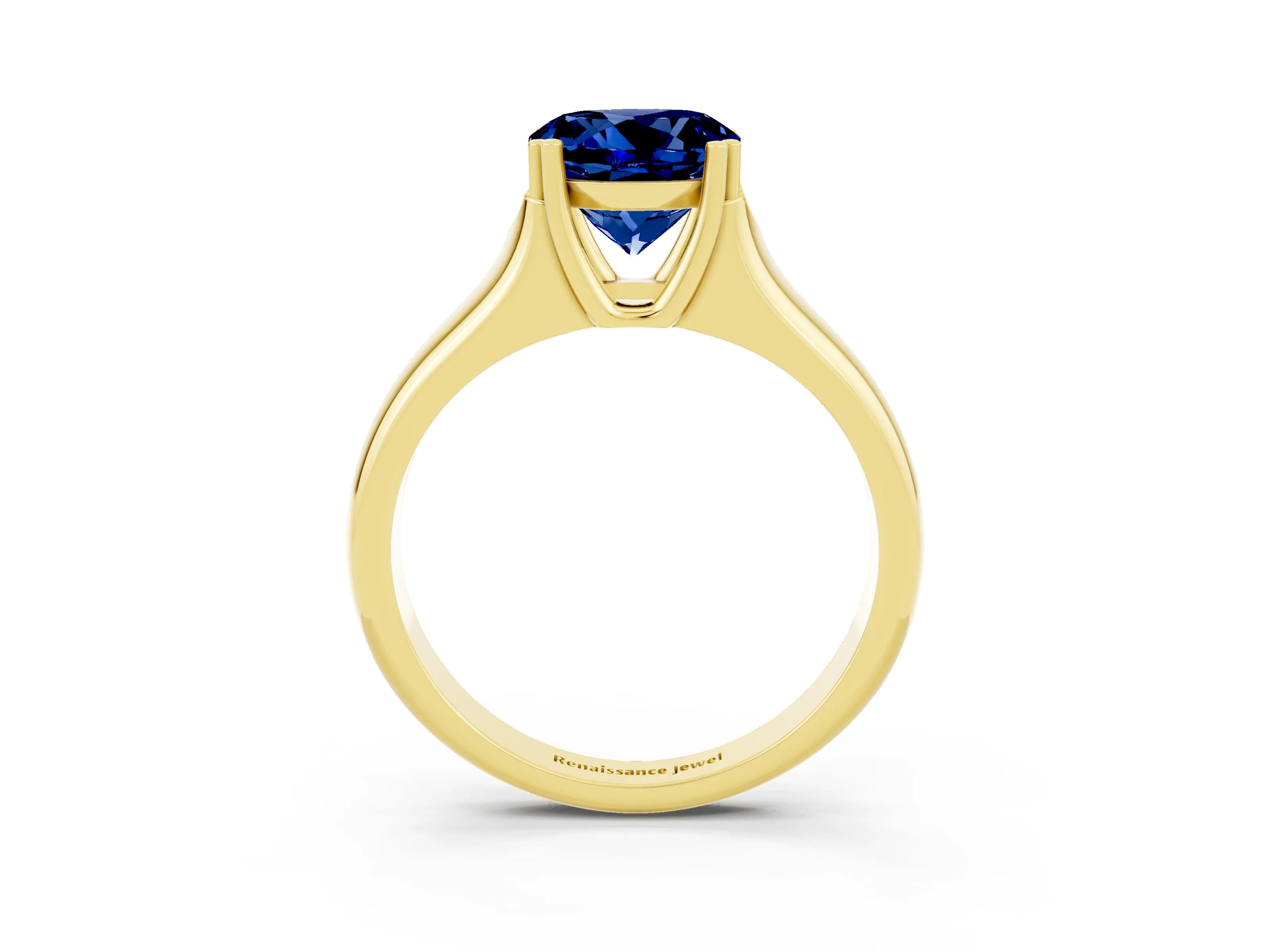 Yellow gold Round Cut Blue Sapphire Solitaire Ring with Wide Band and Prong Setting_3