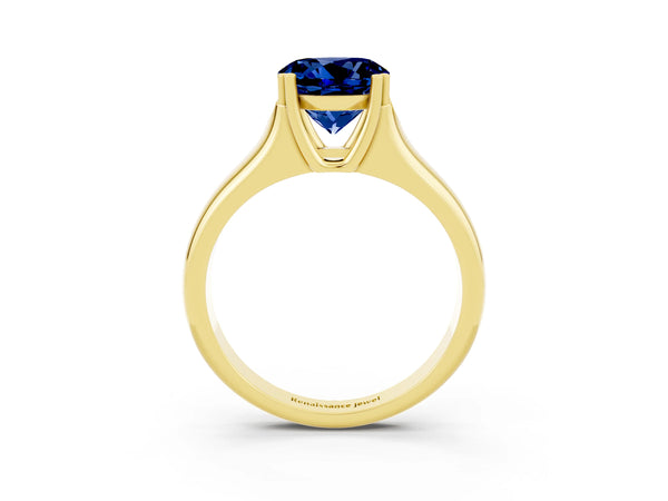 Yellow gold Round Cut Blue Sapphire Solitaire Ring with Wide Band and Prong Setting