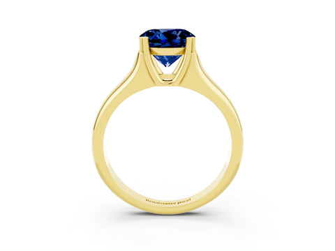 Yellow gold Round Cut Blue Sapphire Solitaire Ring with Wide Band and Prong Setting_3