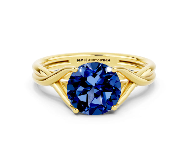 Yellow gold Round Cut Blue Sapphire Solitaire Twist Band Prong Setting Ring