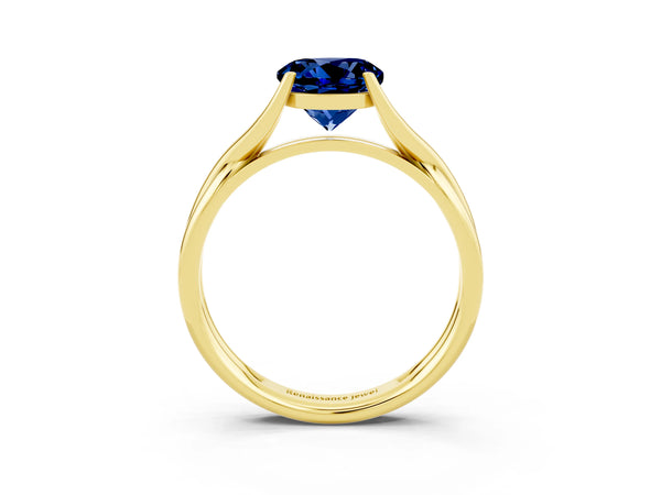 Yellow gold Round Cut Blue Sapphire Solitaire Twist Band Prong Setting Ring